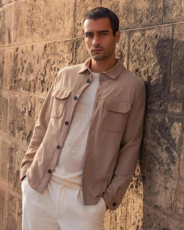 N.Peal Men's Scala Linen Overshirt Taupe Brown