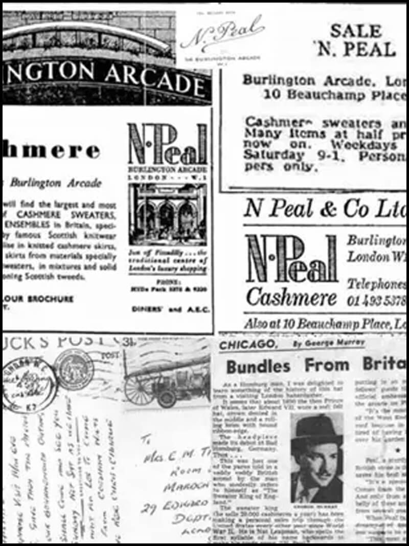 Collage of vintage black-and-white newspaper clippings and advertisements for N. Peal cashmere, featuring text, store addresses, promotional offers, and archival images, including Burlington Arcade signage, old postcards, and a portrait photograph
