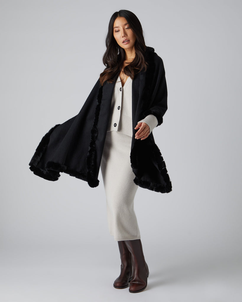 Women's Fur Trim Woven Cashmere Shawl Black | N.Peal