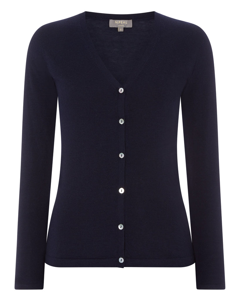 navy blue cardigan for dress N.Peal Women's Cashmere Mia Superfine Cashmere V Neck Men's Purple Cotton Dress in sleeves Tonal mother Color:folklore Her Luxe