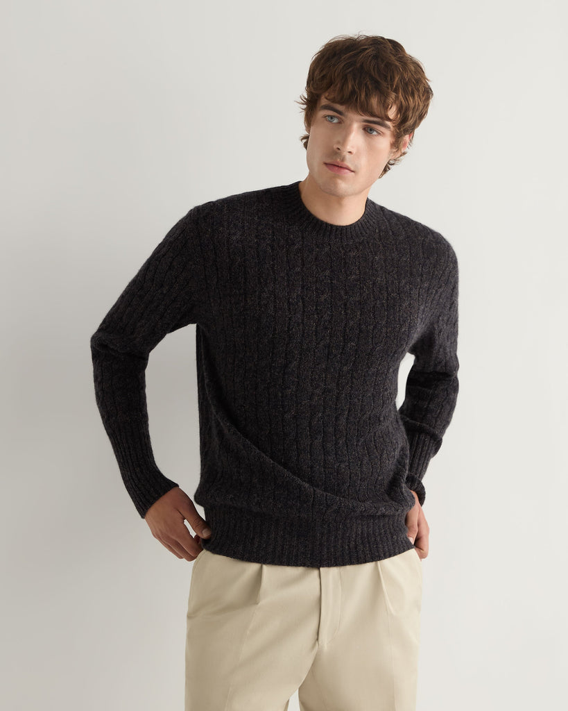 Men's Thames Cable Round Neck Cashmere Sweater Granite Grey | N.Peal