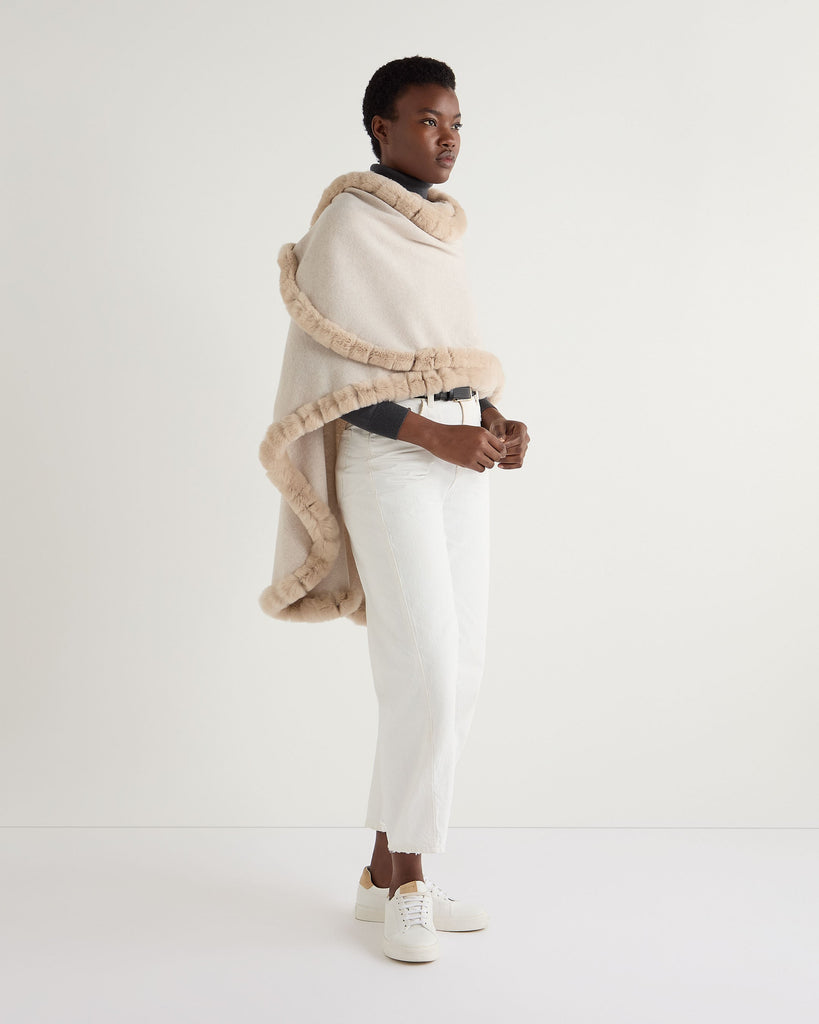 Women's Fur Trim Cashmere Cape Ecru White | N.Peal