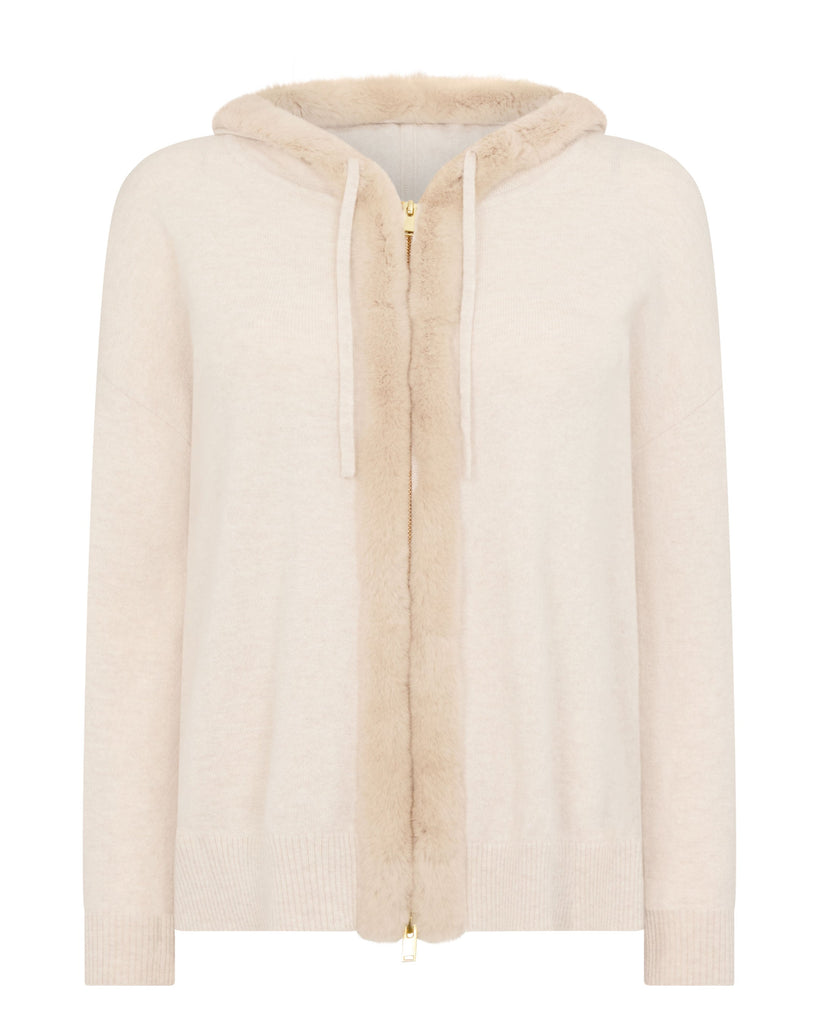 Women's Fur Trim Cashmere Hoodie Ecru White | N.Peal