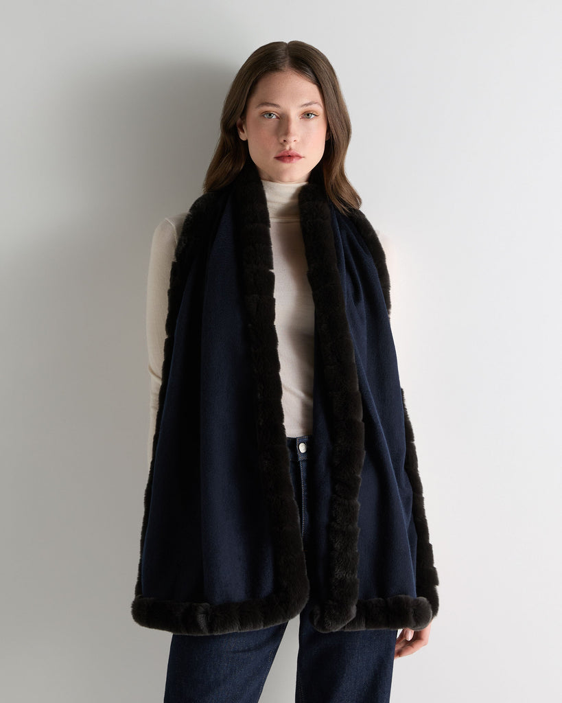 Women's Woven Fur Trim Scarf Navy Blue | N.Peal