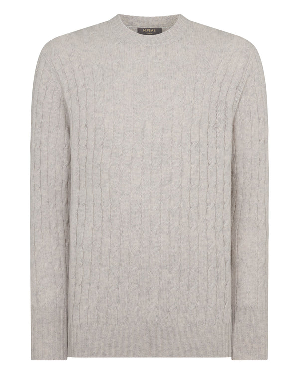 N.Peal Men's Thames Cable Round Neck Cashmere Jumper Nougat Brown Marl