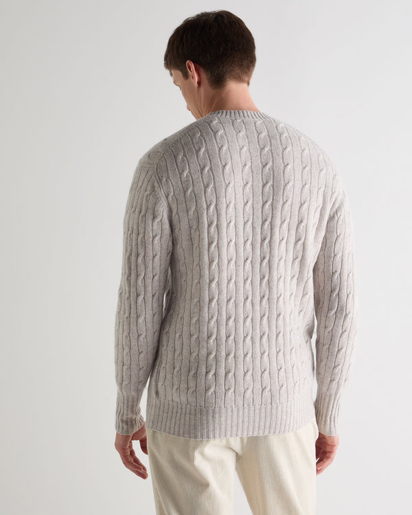 N.Peal Men's Thames Cable Round Neck Cashmere Jumper Nougat Brown Marl