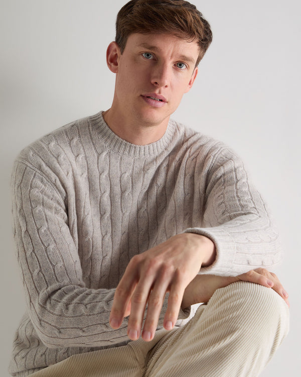 N.Peal Men's Thames Cable Round Neck Cashmere Jumper Nougat Brown Marl