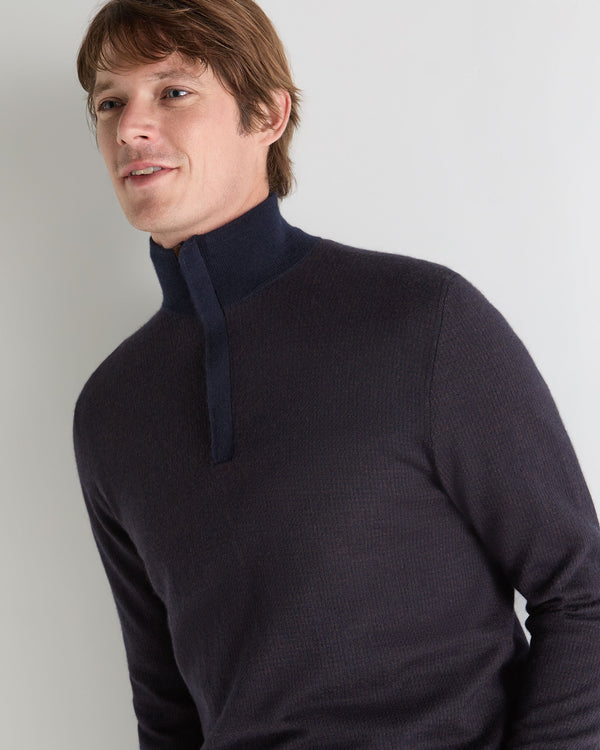 N.Peal Men's Regent Houndstooth Fine Gauge Cashmere Half Zip Jumper Navy Blue