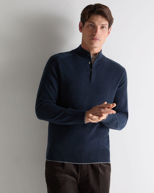 N.Peal Men's Half Button Cashmere Jumper Indigo Blue