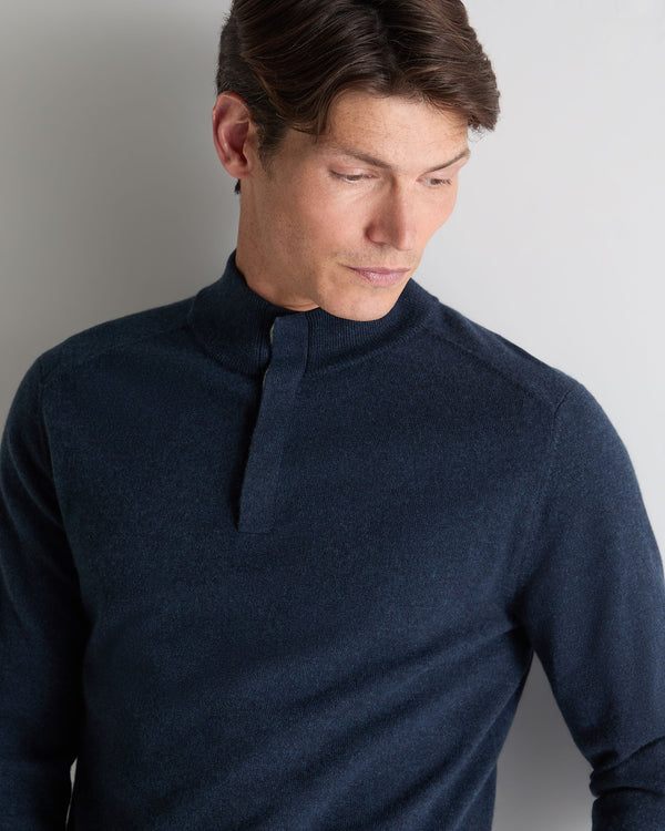 N.Peal Men's Half Button Cashmere Jumper Indigo Blue