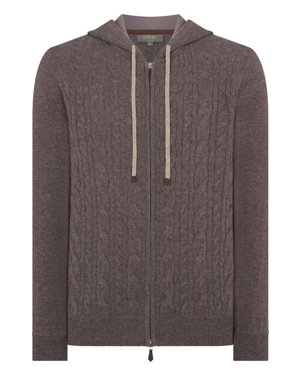 N.Peal Men's Fulham Cable Zip Cashmere Hoodie Otter Brown