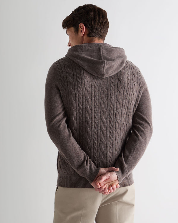 N.Peal Men's Fulham Cable Zip Cashmere Hoodie Otter Brown