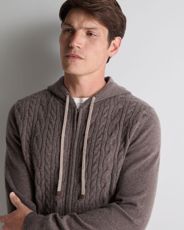 N.Peal Men's Fulham Cable Zip Cashmere Hoodie Otter Brown