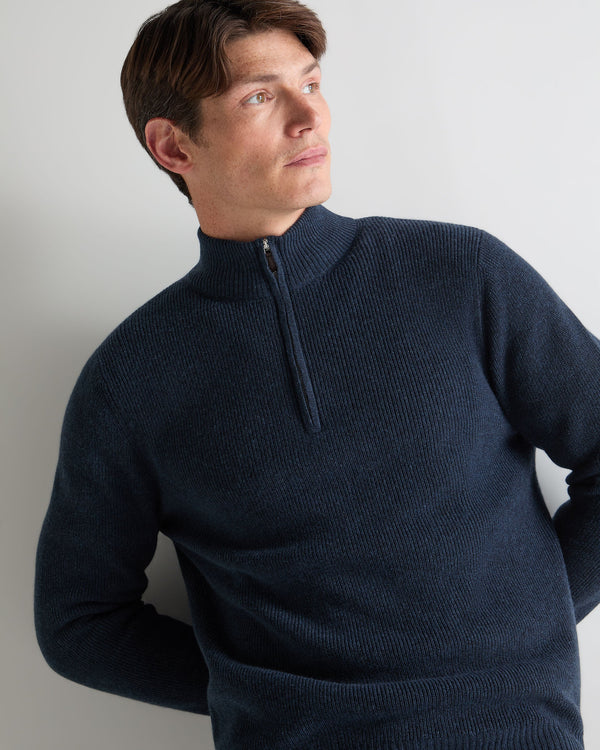 N.Peal Men's Ribbed Half Zip Cashmere Jumper Indigo Blue