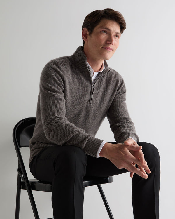 N.Peal Men's Ribbed Half Zip Cashmere Jumper Wood Smoke Brown