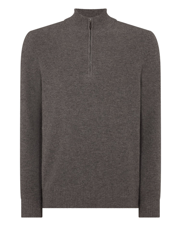 N.Peal Men's Ribbed Half Zip Cashmere Jumper Wood Smoke Brown