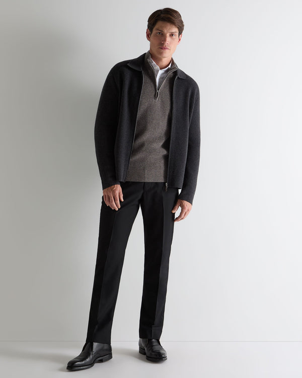 N.Peal Men's Ribbed Half Zip Cashmere Jumper Wood Smoke Brown