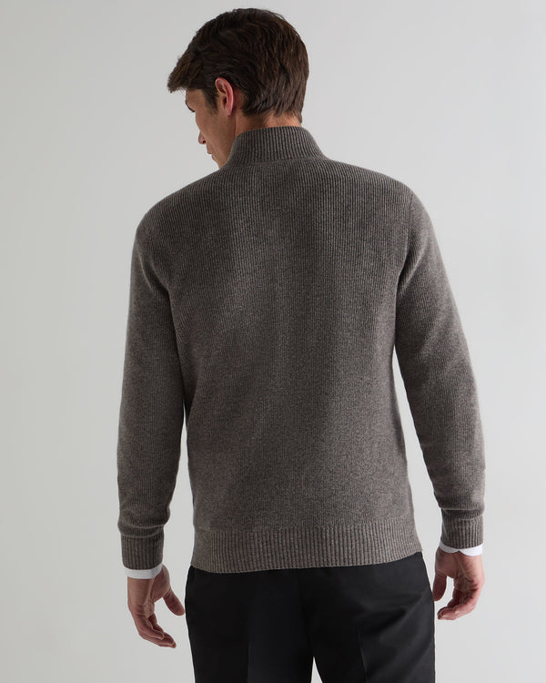 N.Peal Men's Ribbed Half Zip Cashmere Jumper Wood Smoke Brown