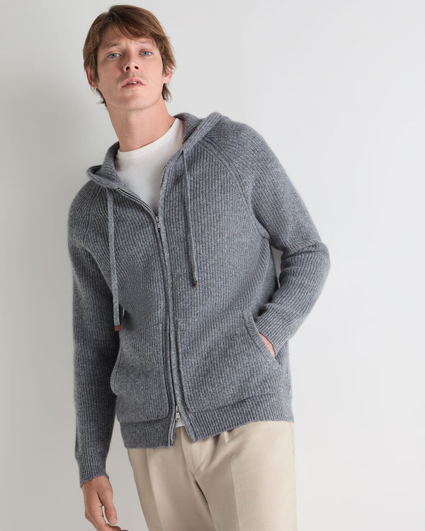 N.Peal Men's Ribbed Zip Through Cashmere Hoodie Grey Melange