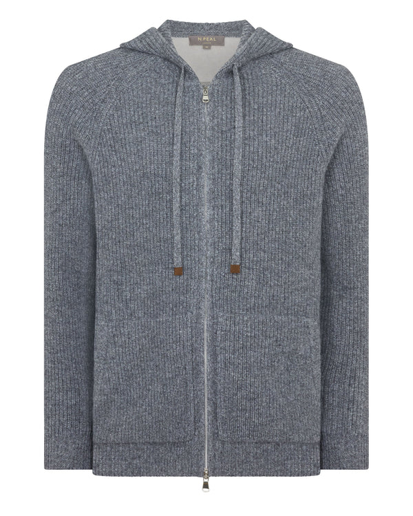N.Peal Men's Ribbed Zip Through Cashmere Hoodie Grey Melange