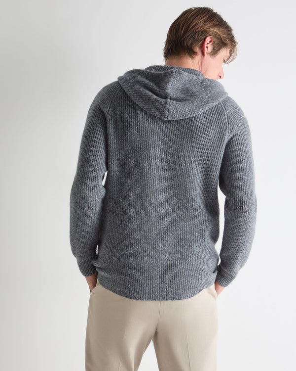 N.Peal Men's Ribbed Zip Through Cashmere Hoodie Grey Melange