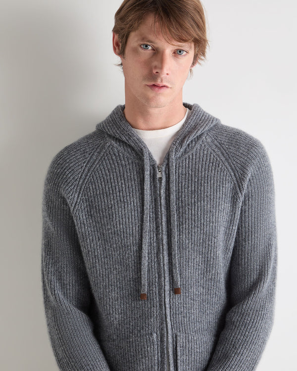 N.Peal Men's Ribbed Zip Through Cashmere Hoodie Grey Melange