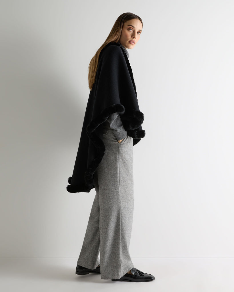 Women's Fur Trim Cashmere Cape Black | N.Peal