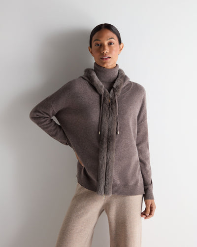 N.Peal Women's Alicia Fur Trim Cashmere Hoodie Otter Brown