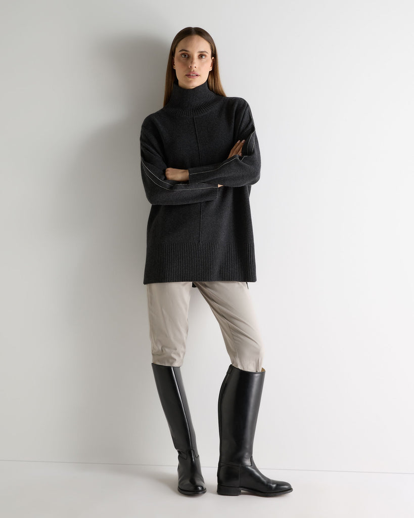 Women's Mock Neck Long Cashmere Sweater Deep Charcoal Grey | N.Peal