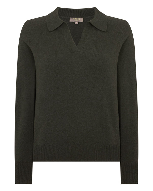 N.Peal Women's Harriet Cashmere Polo Shirt Arabica Khaki Green