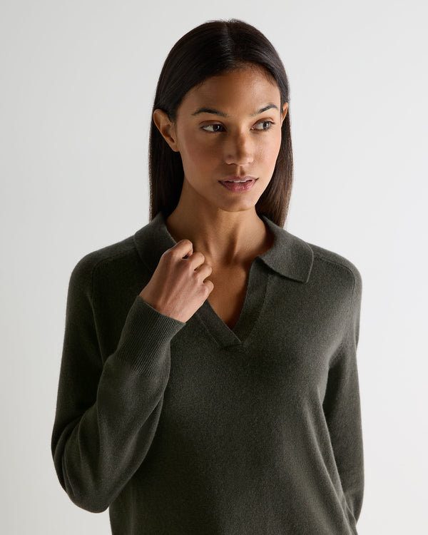 N.Peal Women's Harriet Cashmere Polo Shirt Arabica Khaki Green