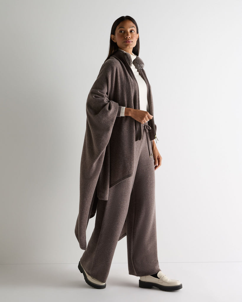 Women's Honeycomb Full Zip Cashmere Sweater With Fur Trim Otter