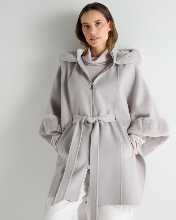 N.Peal Women's Poppy Cape With Fur Trim Snow Grey
