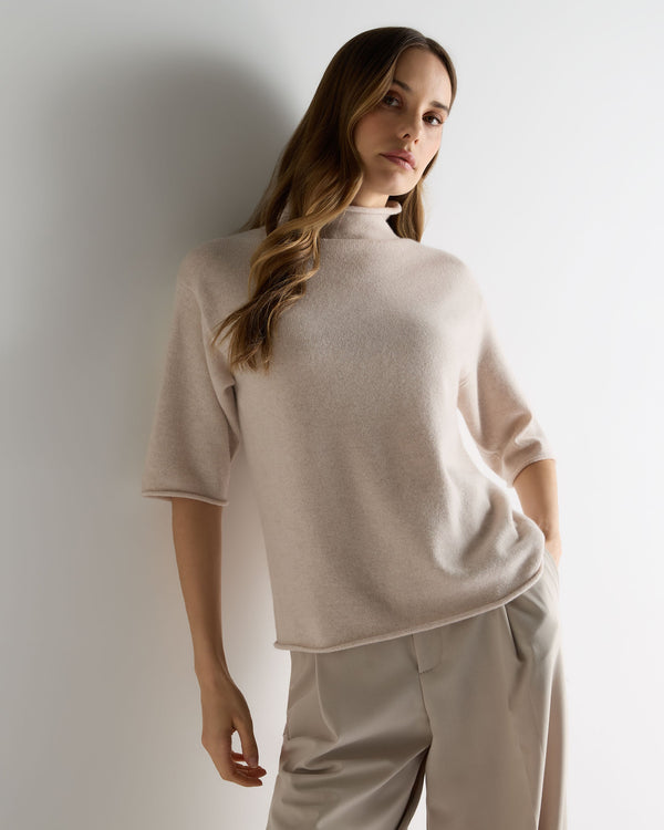 N.Peal Women's Short Sleeve Turtle Neck Cashmere Jumper Ecru White