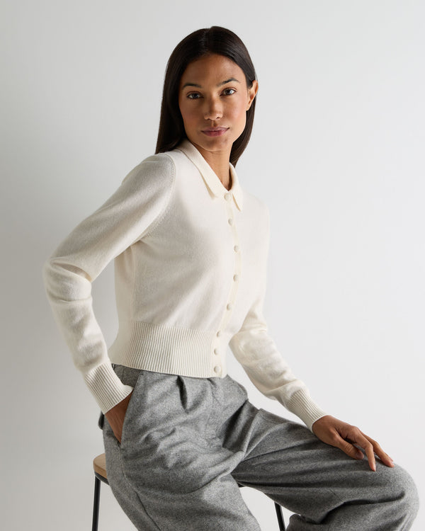 N.Peal Women's Thea Collared Cashmere Cardigan New Ivory White