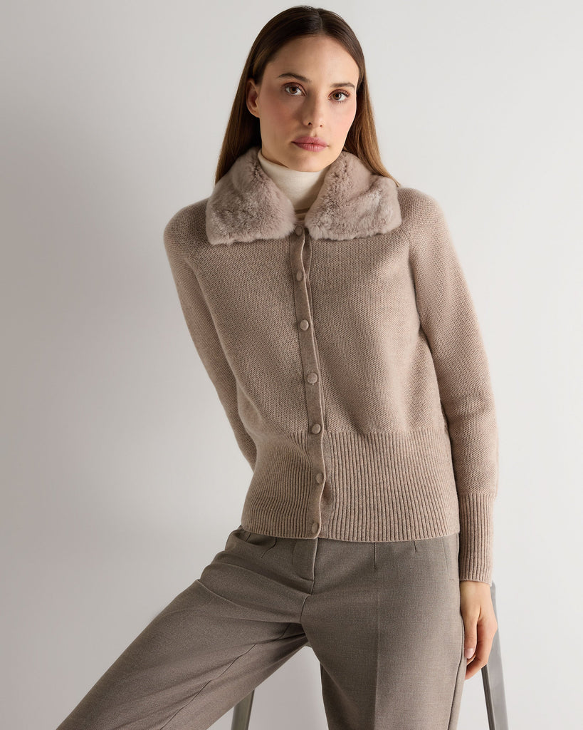 Women's Honeycomb Fur Trim Cashmere Cardigan Oatmeal Brown | N.Peal