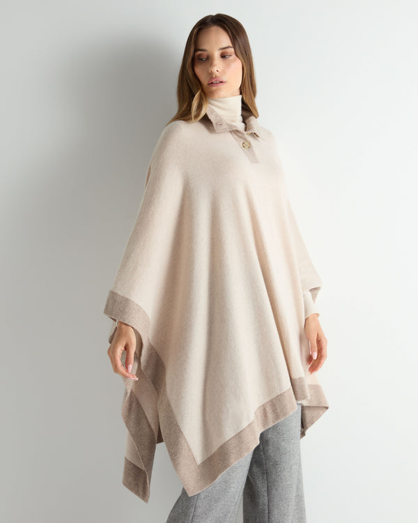 N.Peal Women's Contrast Border Cashmere Cape Ecru White