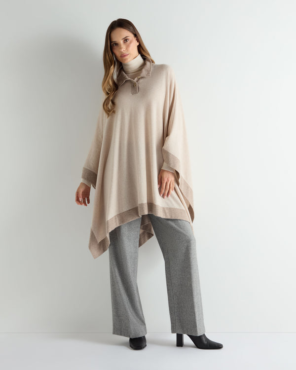 N.Peal Women's Contrast Border Cashmere Cape Ecru White