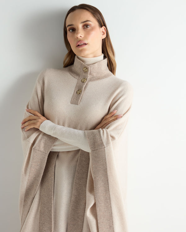 N.Peal Women's Contrast Border Cashmere Cape Ecru White