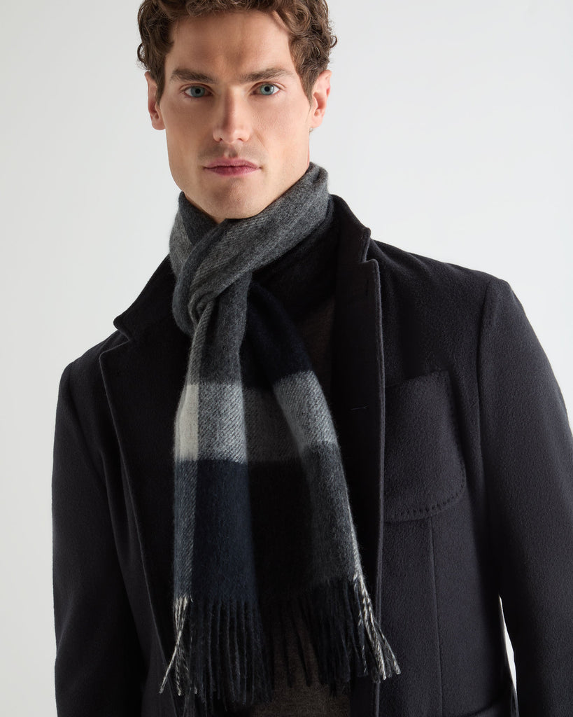 Unisex Cashmere Check Scarf Navy Blue + Grey | N.Peal