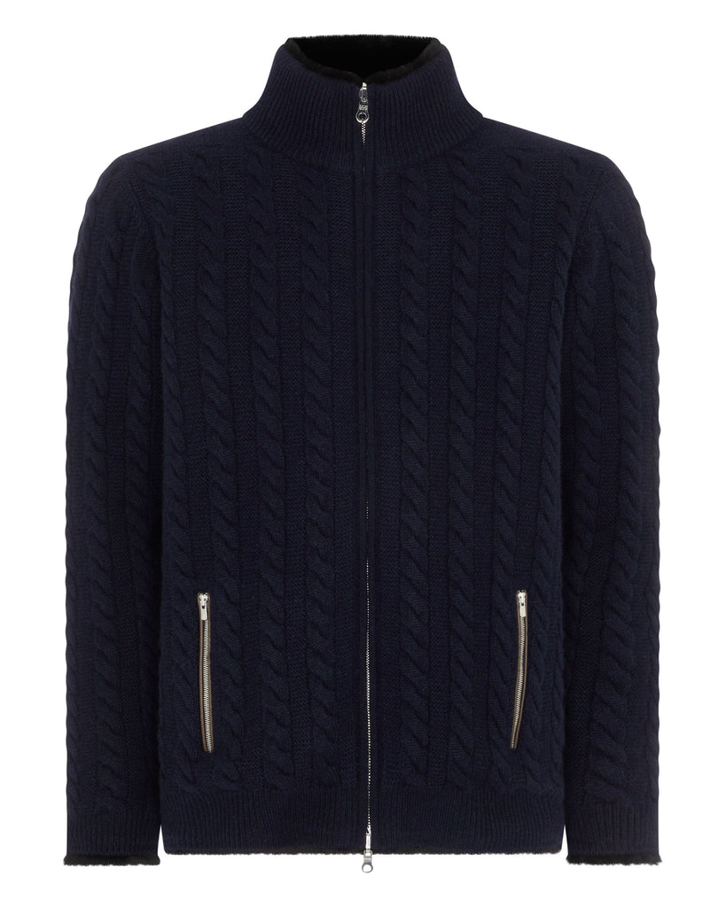 Men's Aspen Cable Fur Cardigan Navy Blue | N.Peal