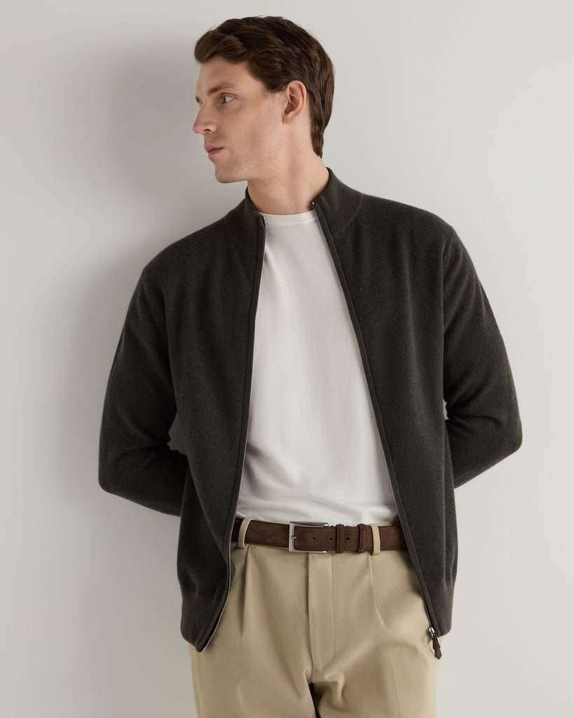 Men's Knightsbridge Full Zip Cashmere Sweater Arabica Khaki Green