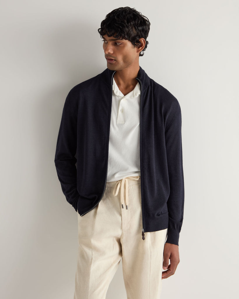 Men's Hyde Fine Gauge Cashmere Full Zip Sweater Navy Blue | N.Peal