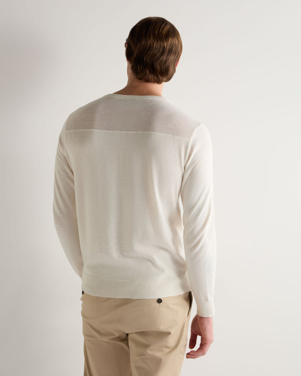 N.Peal 007 Round Neck Cotton Cashmere Henley New Ivory White