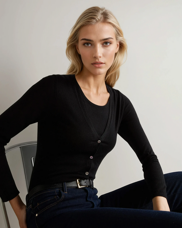 N.Peal Women's Mia Superfine Cashmere V Neck Cardigan Black