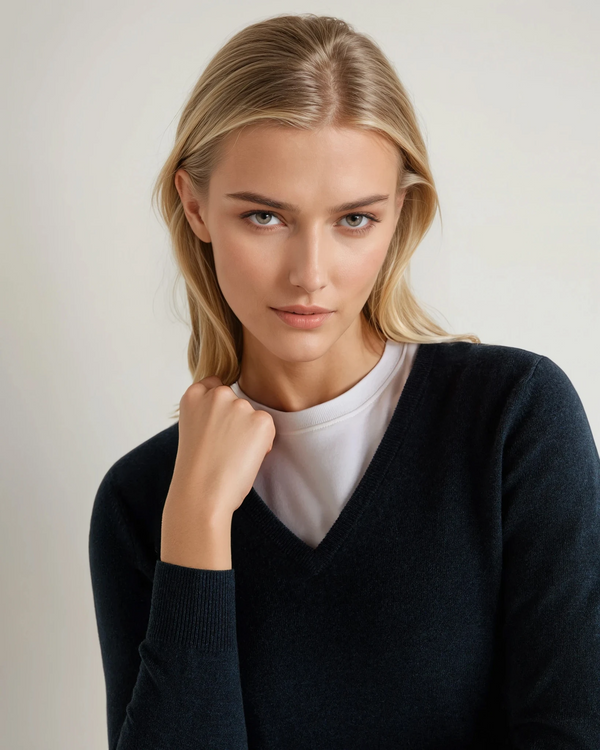 N.Peal Women's Phoebe V Neck Cashmere Sweater Indigo Blue