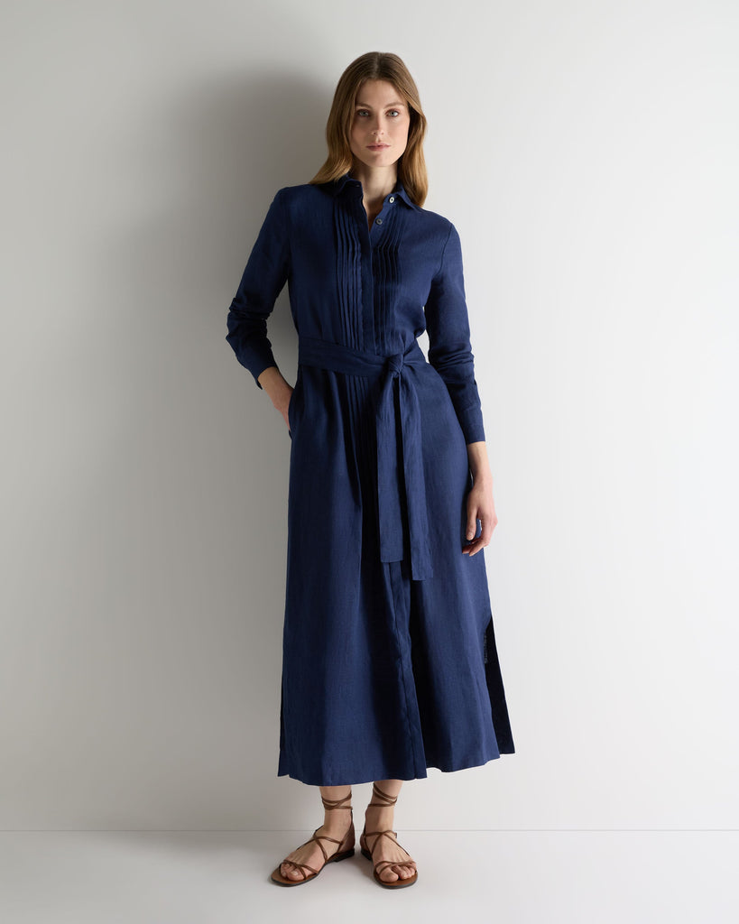 navy blue shirt dress N.Peal Women's Modica Linen French line dry or dry Color:Blue&White dark brown chelsea boots Alyssa | A Line