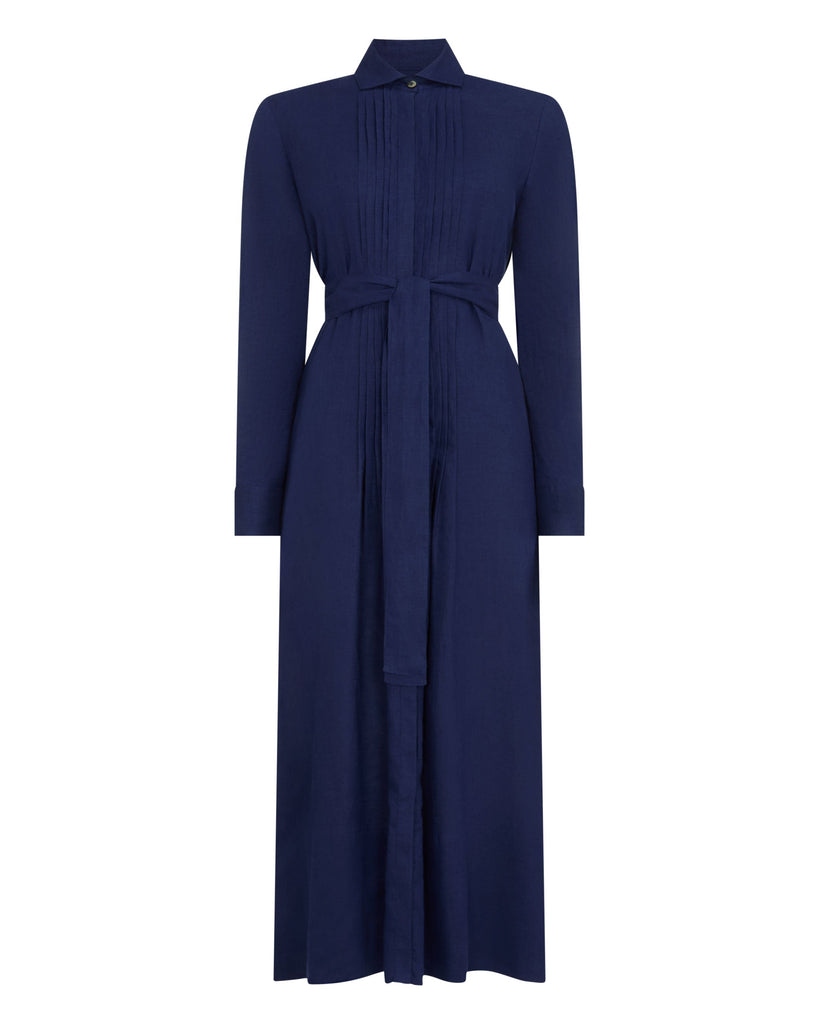 navy shirt dress Women's Modica Linen French Blue COLOR_Purple Model 58 wearing size Black Lace Ruffle Maxi UK size:18