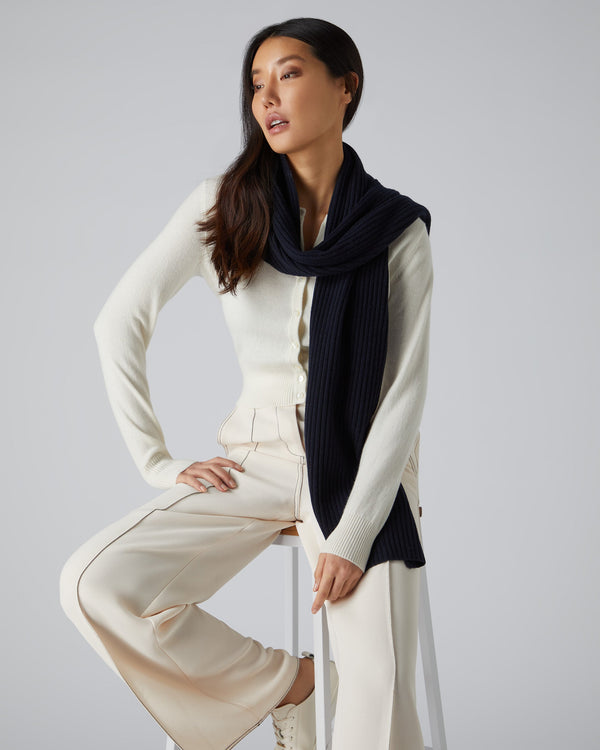 N.Peal Unisex Short Ribbed Cashmere Scarf Navy Blue