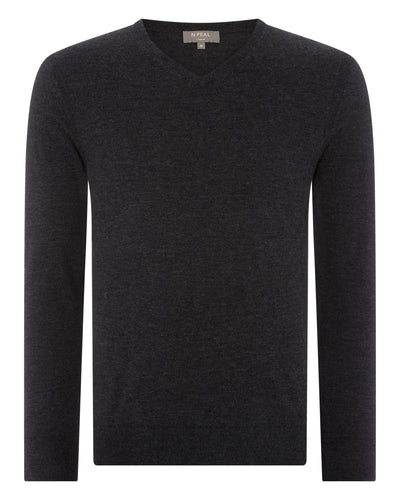 N.Peal Men's Conduit Fine Gauge Cashmere V Neck Jumper Dark Charcoal Grey